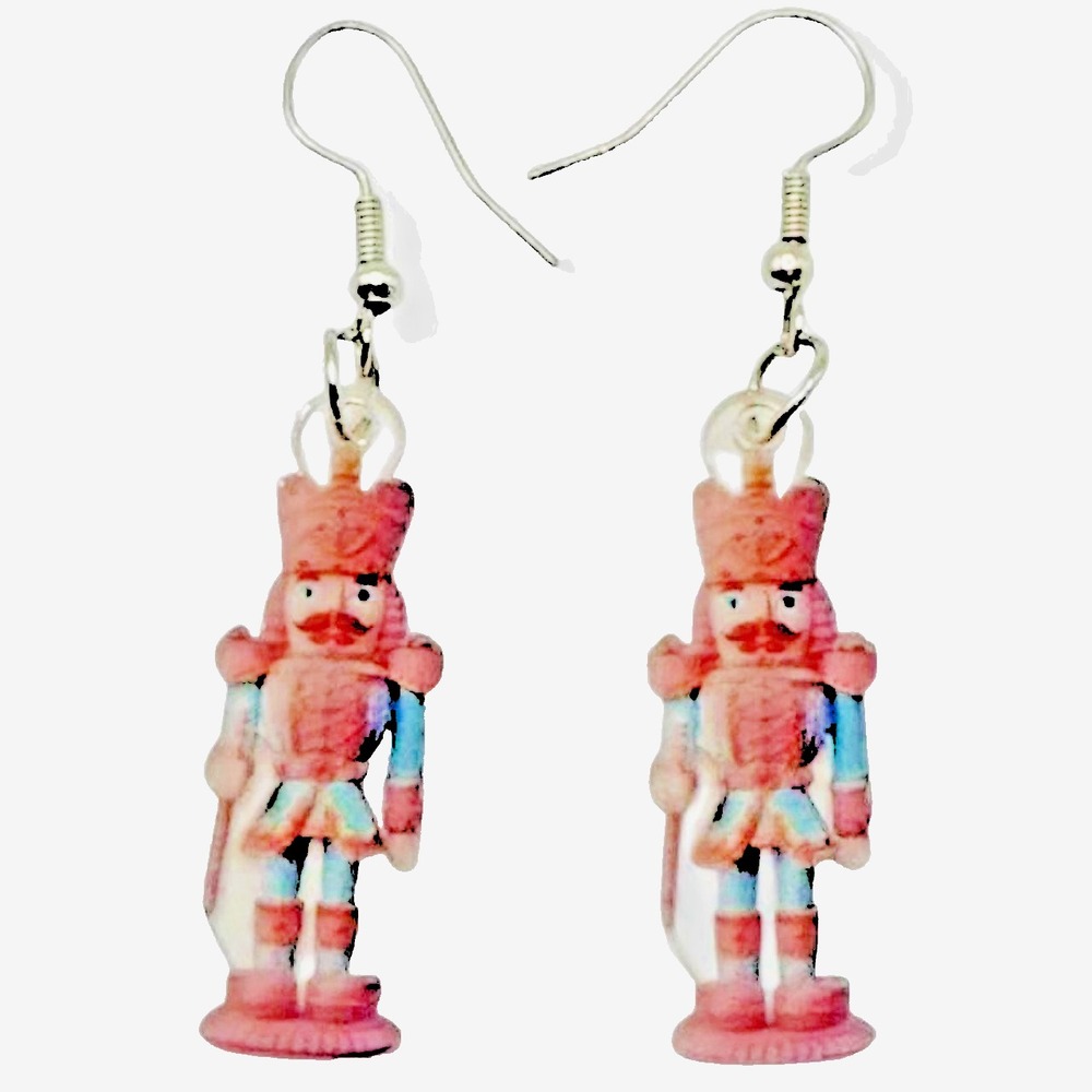 Double-Sided Pink & Blue Nutcracker Dangle Earrings Christmas Holiday Jewelry